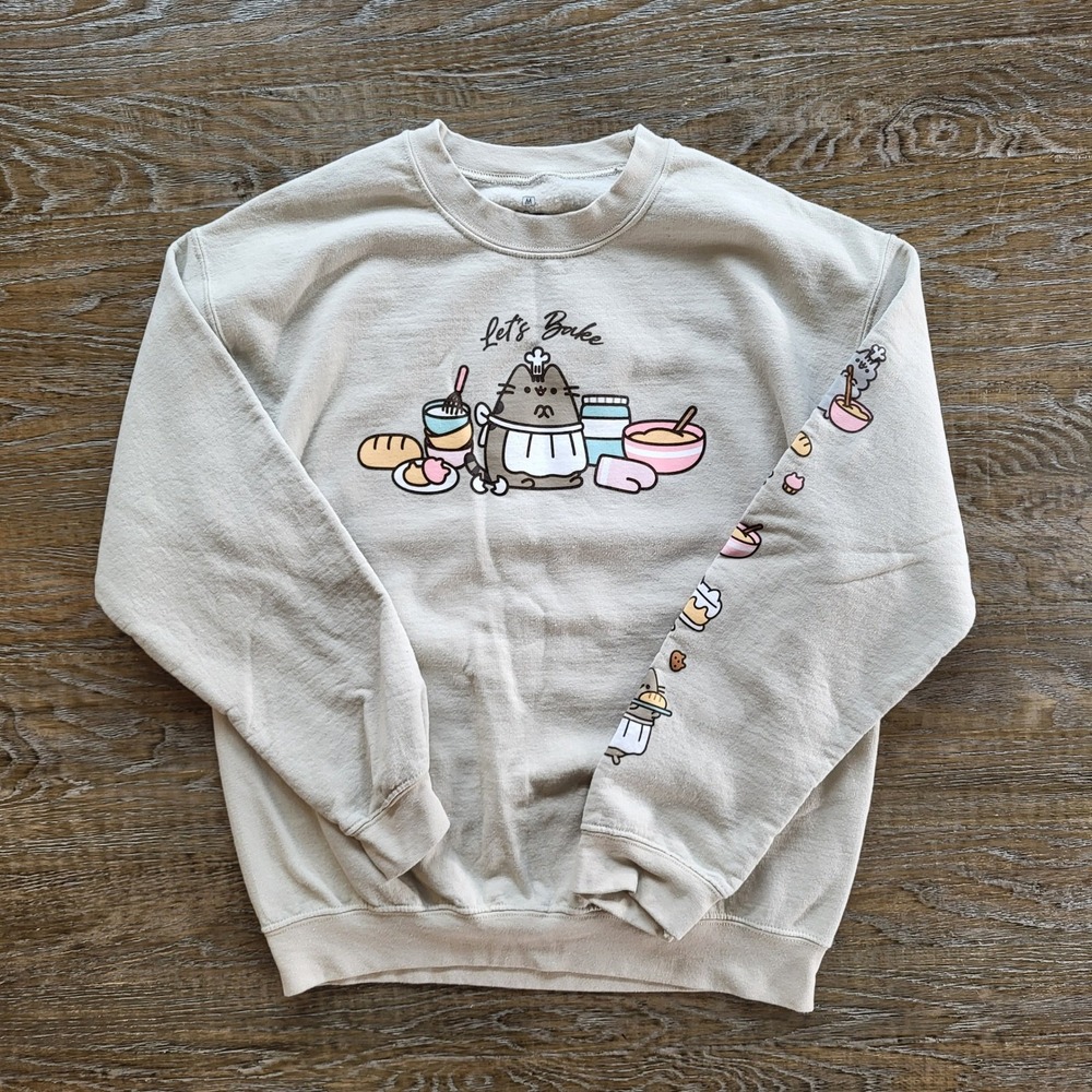 Pusheen Cafe Sweatshirt Tan Let's Bake Ripple Junction Graphic Crewneck Medium - Picture 2 of 8